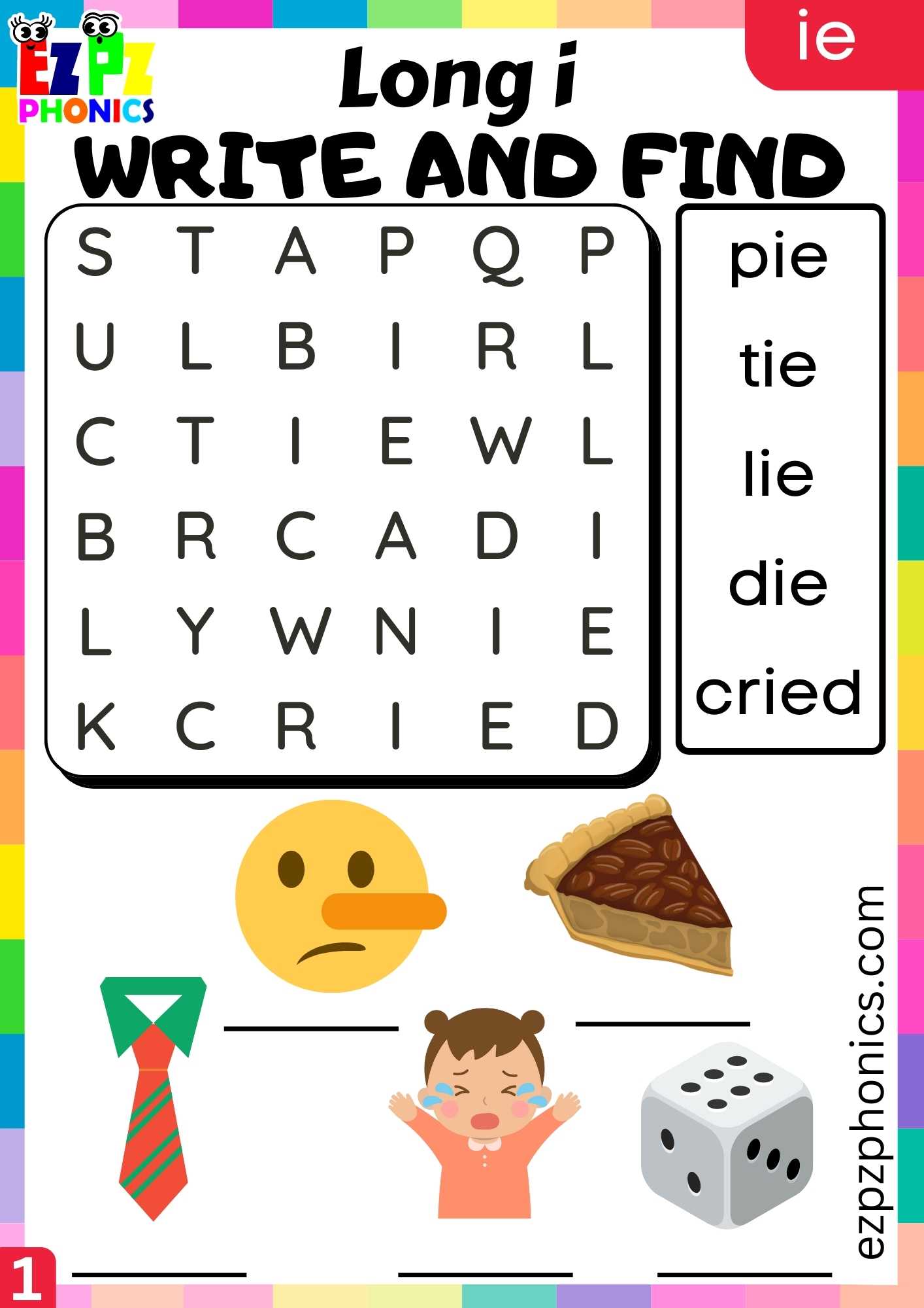 Ie Words Write And Find Long I Phonics Worksheet